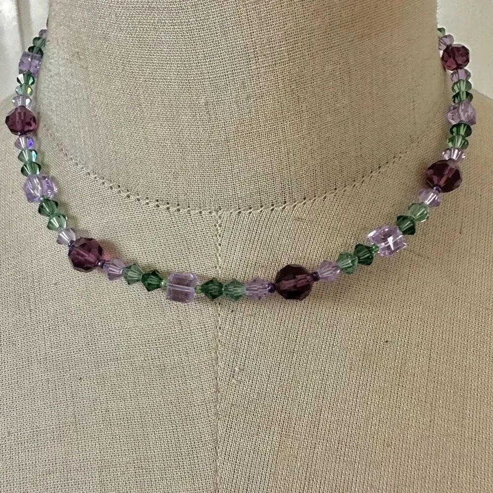 Vintage Swarovski-Style Sparkling Purple & Green Crystal Necklace